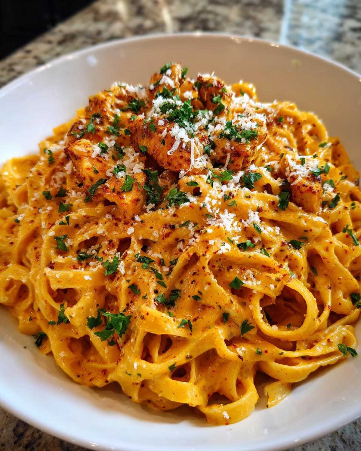 A close-up of rich, orange-hued Creamy Cajun Chicken Alfredo with fettuccine, topped with chicken pieces, Parmesan, and parsley.