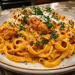 A close-up of a plate piled high with Creamy Cajun Chicken Alfredo pasta, topped with parsley and grated cheese.