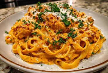 A close-up of a plate piled high with Creamy Cajun Chicken Alfredo pasta, topped with parsley and grated cheese.