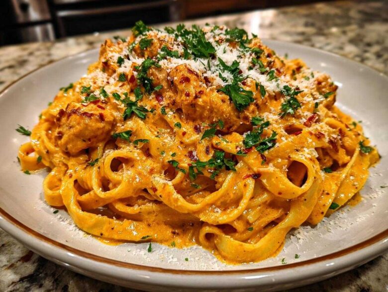 A close-up of a plate piled high with Creamy Cajun Chicken Alfredo pasta, topped with parsley and grated cheese.