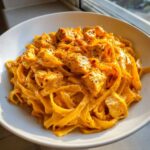 A close-up, appetizing shot of Creamy Cajun Chicken Pasta featuring fettuccine coated in a rich, orange sauce with seasoned chicken chunks.