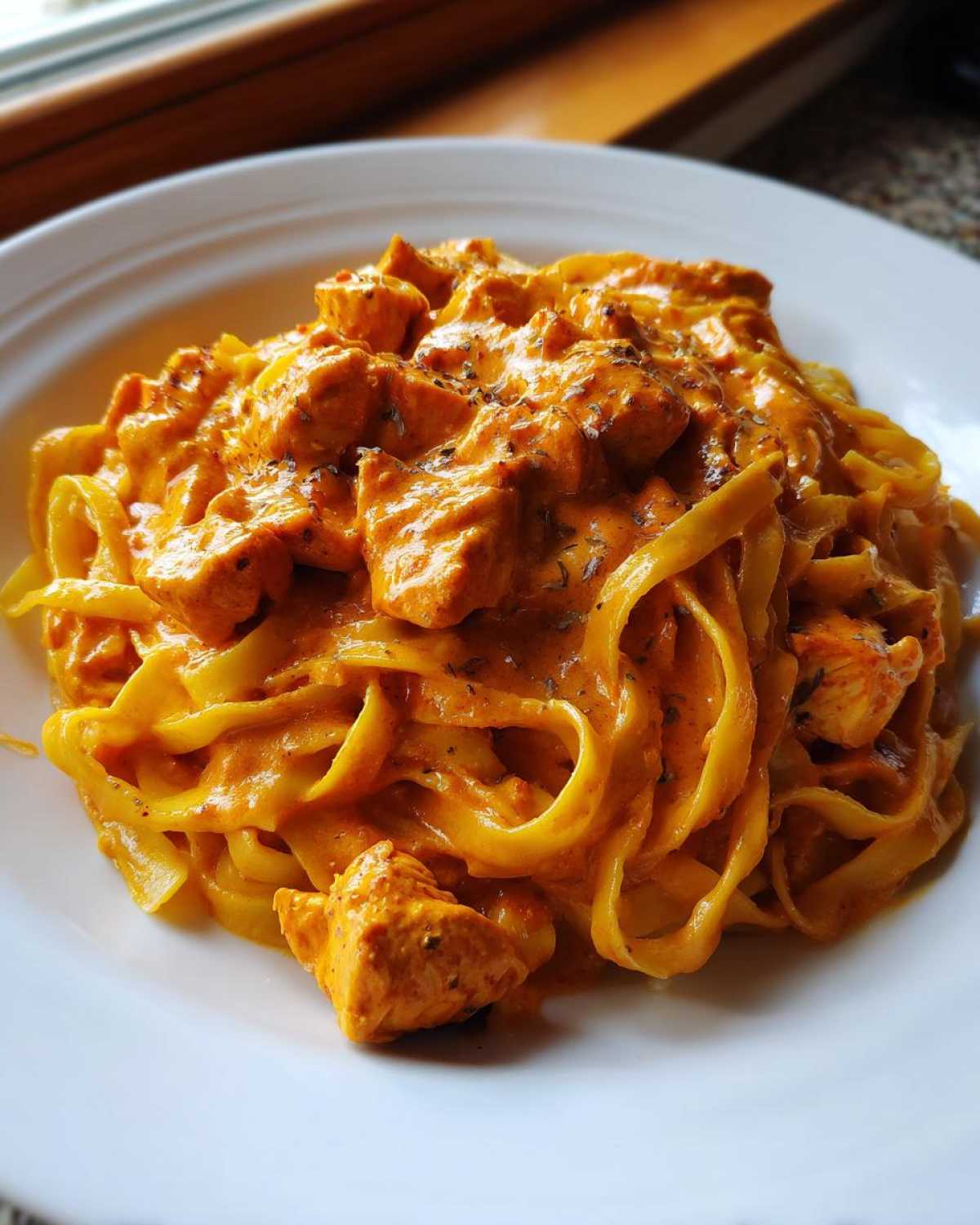 A close-up of a serving of Creamy Cajun Chicken Pasta featuring fettuccine noodles coated in a rich, orange sauce with chunks of seasoned chicken.
