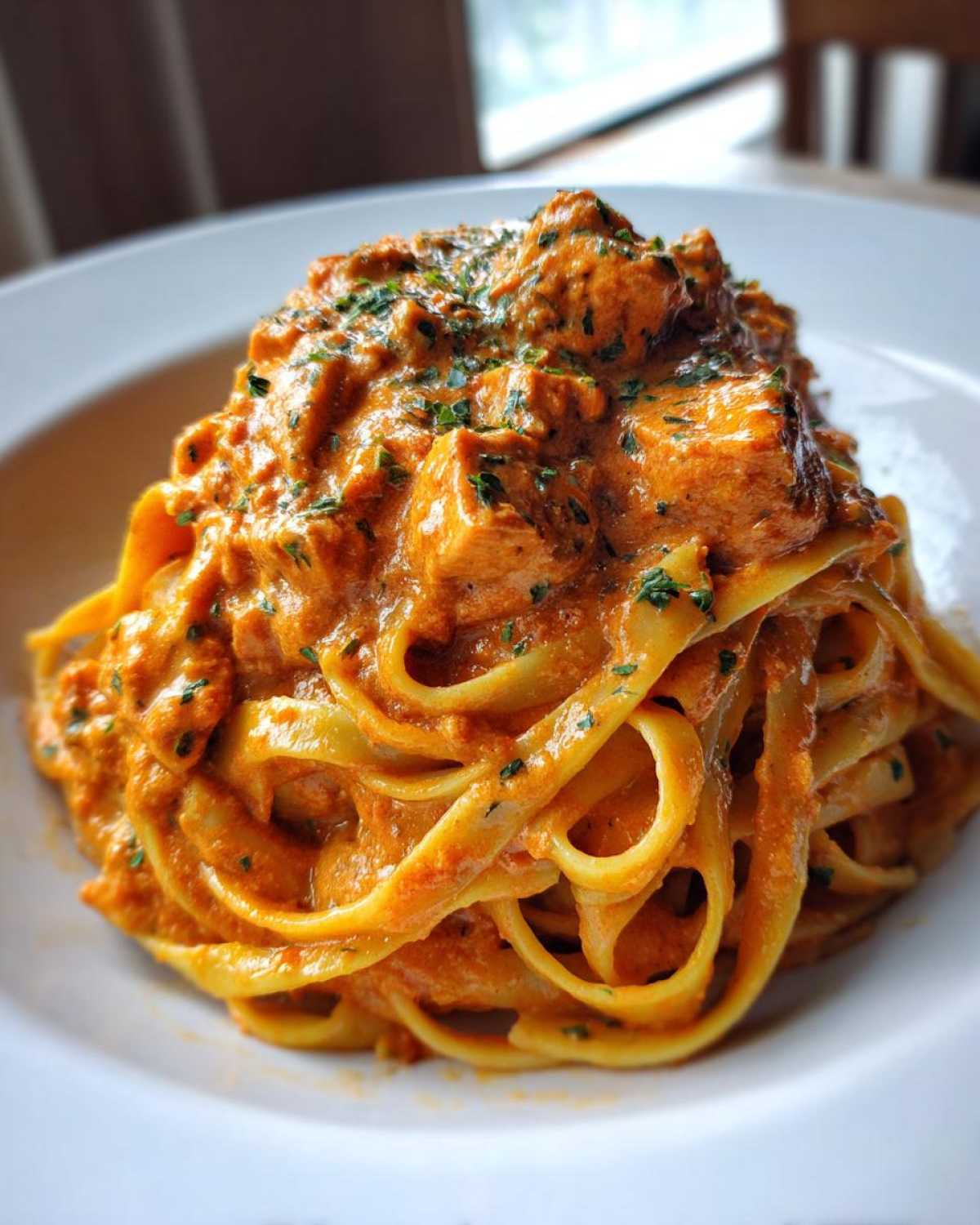 Close-up of a serving of Creamy Cajun Chicken Pasta featuring fettuccine noodles coated in a rich, orange-red sauce with chunks of chicken and parsley.