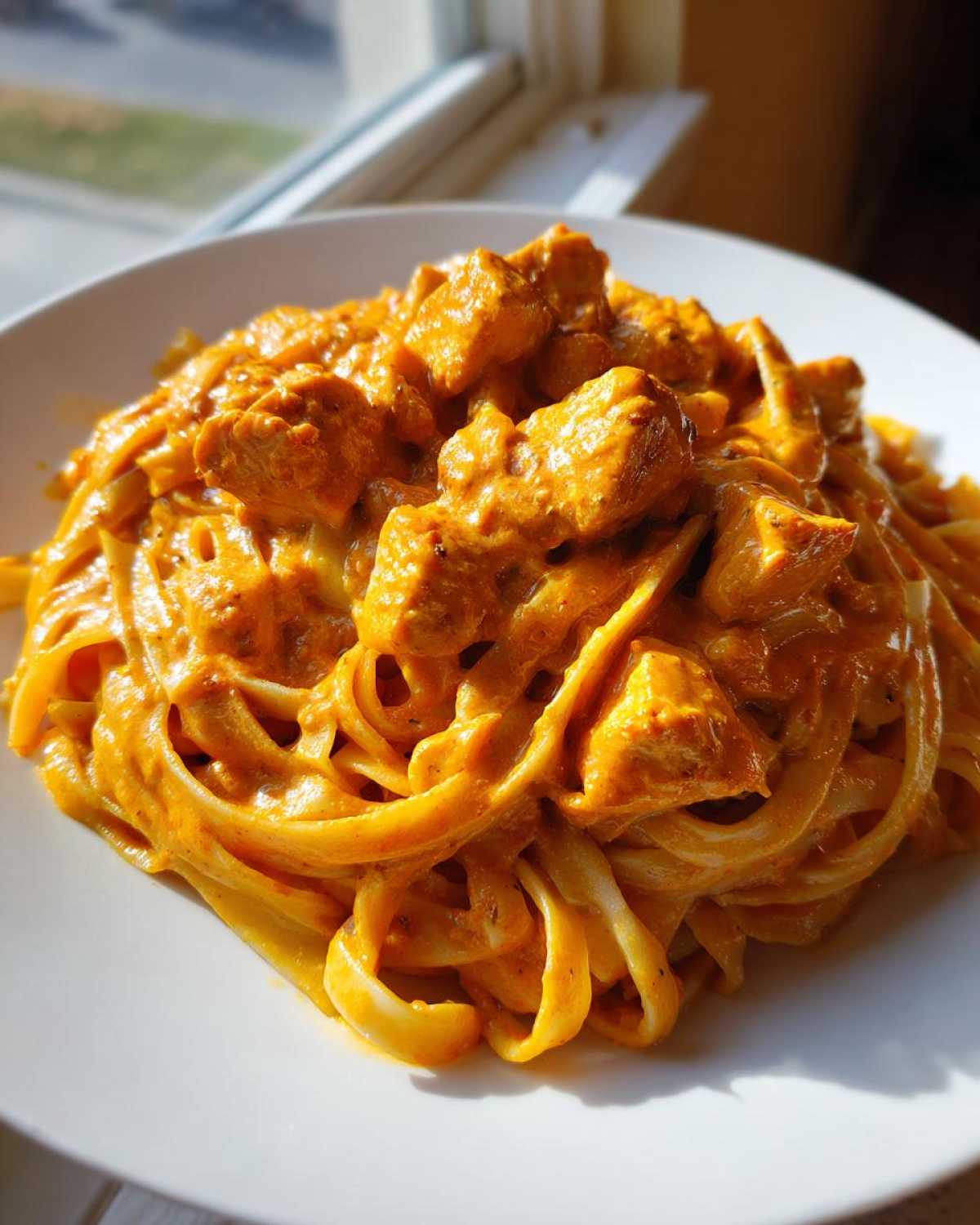 Close-up of a white bowl filled with rich, orange-hued Creamy Cajun Chicken Pasta, featuring fettuccine noodles and chunks of seasoned chicken.