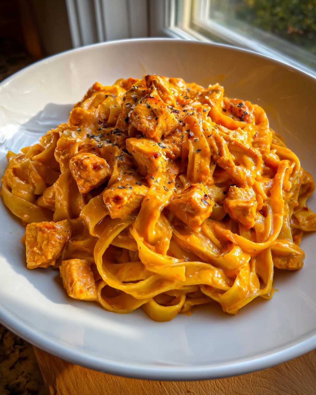 A close-up of a generous serving of Creamy Cajun Chicken Pasta with fettuccine noodles and seasoned chicken chunks.