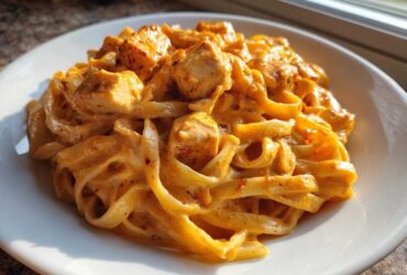 A close-up of a generous serving of Creamy Cajun Chicken Pasta with fettuccine noodles and chunks of seasoned chicken.