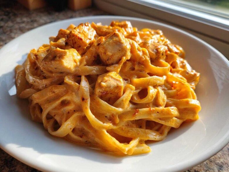 A close-up of a generous serving of Creamy Cajun Chicken Pasta with fettuccine noodles and chunks of seasoned chicken.