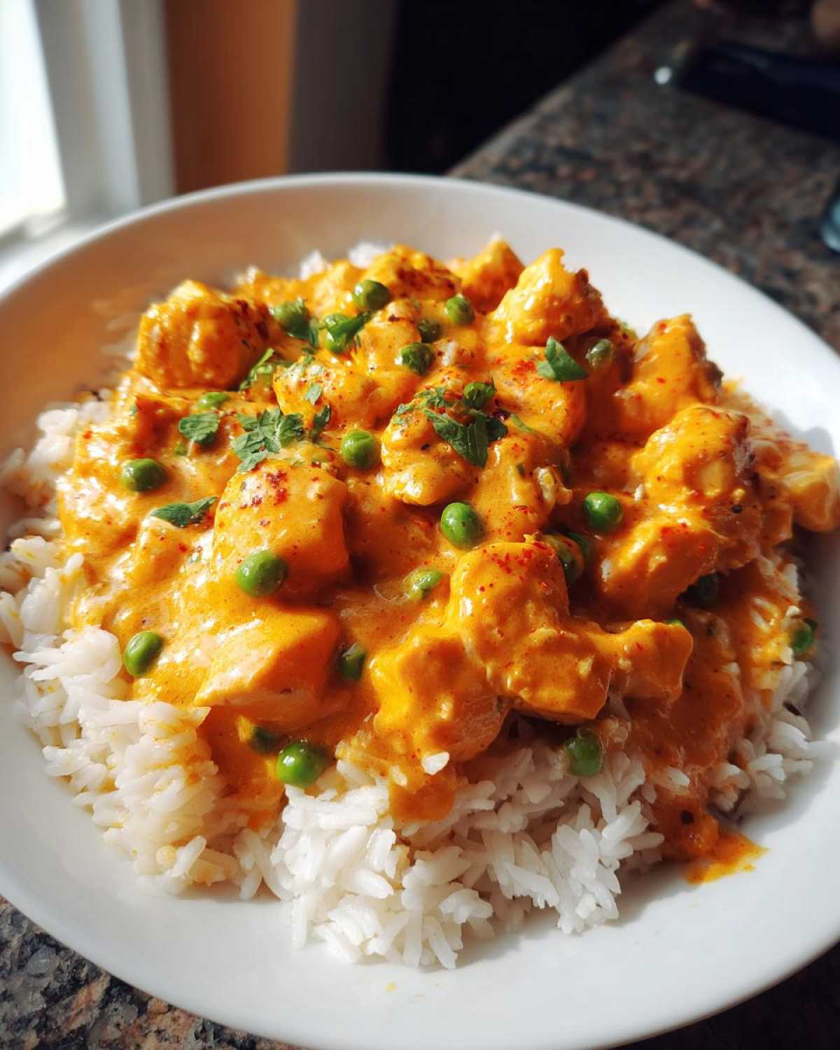 A close-up of Creamy Cajun Chicken Skillet with Rice, featuring orange-sauced chicken chunks and peas over white rice.