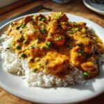 Close-up of Creamy Cajun Chicken Skillet with Rice, featuring orange sauce, chicken pieces, and green peas over white rice.