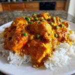 A close-up of Creamy Cajun Chicken Skillet with Rice, featuring chicken pieces in a rich orange sauce with peas over white rice.