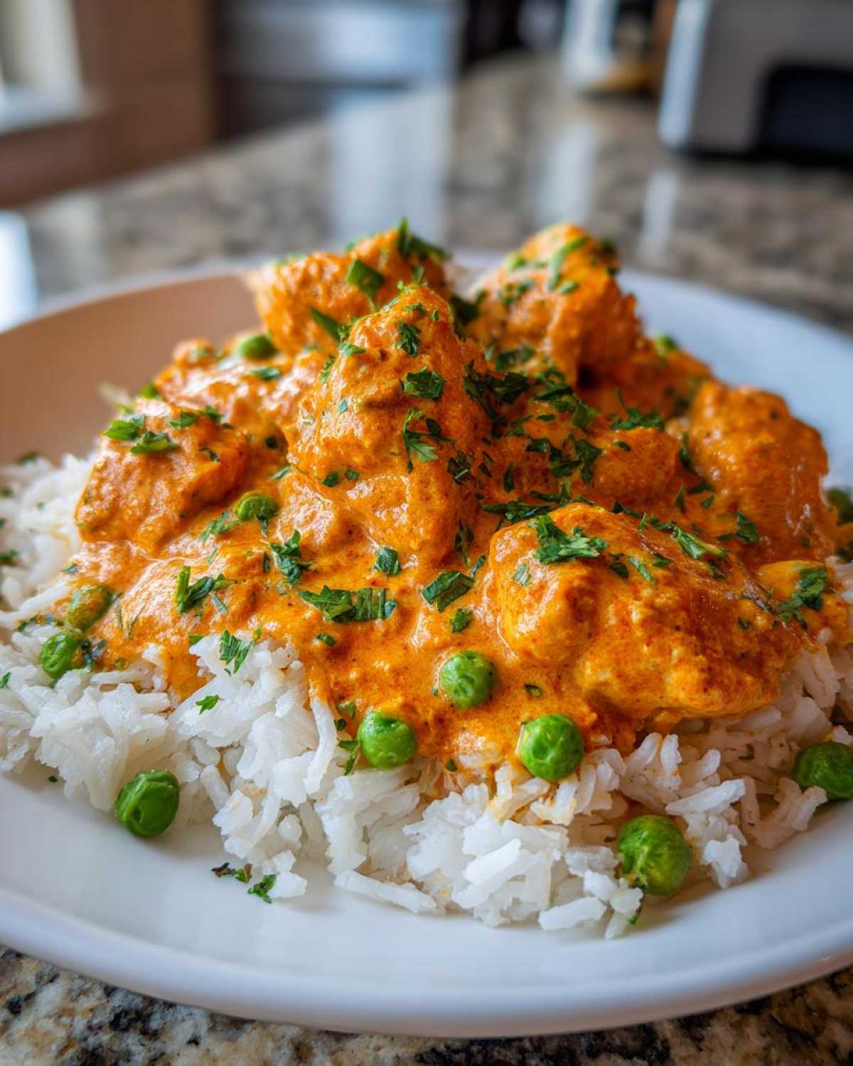Close-up of Creamy Cajun Chicken Skillet with Rice, featuring orange sauce-coated chicken pieces over white rice and green peas.