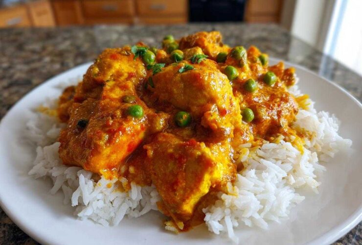 A close-up of Creamy Cajun Chicken Skillet with Rice, featuring chicken pieces in a rich orange sauce with peas over white rice.
