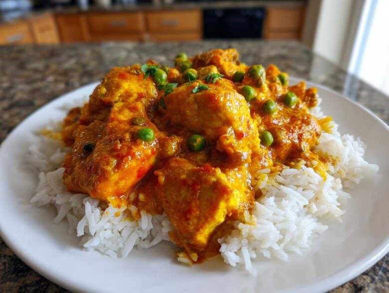 A close-up of Creamy Cajun Chicken Skillet with Rice, featuring chicken pieces in a rich orange sauce with peas over white rice.
