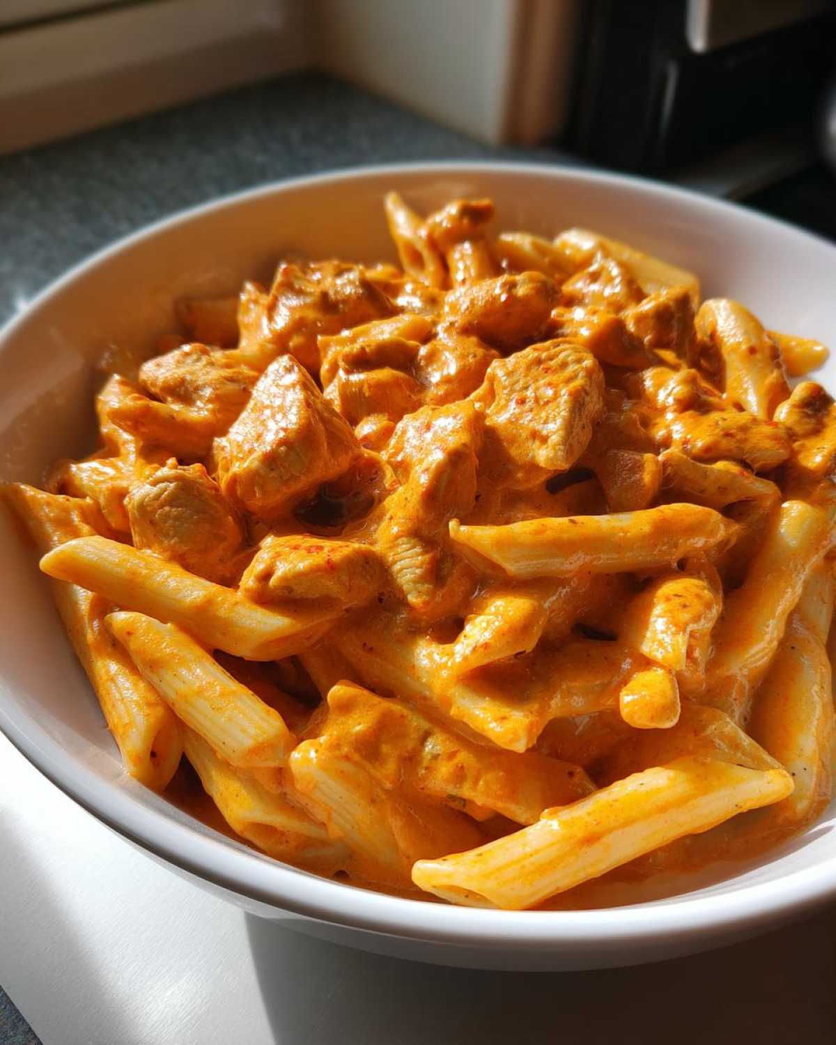 A white bowl filled with Creamy Cajun Pasta with Chicken and Spice, featuring penne pasta coated in a rich orange sauce.