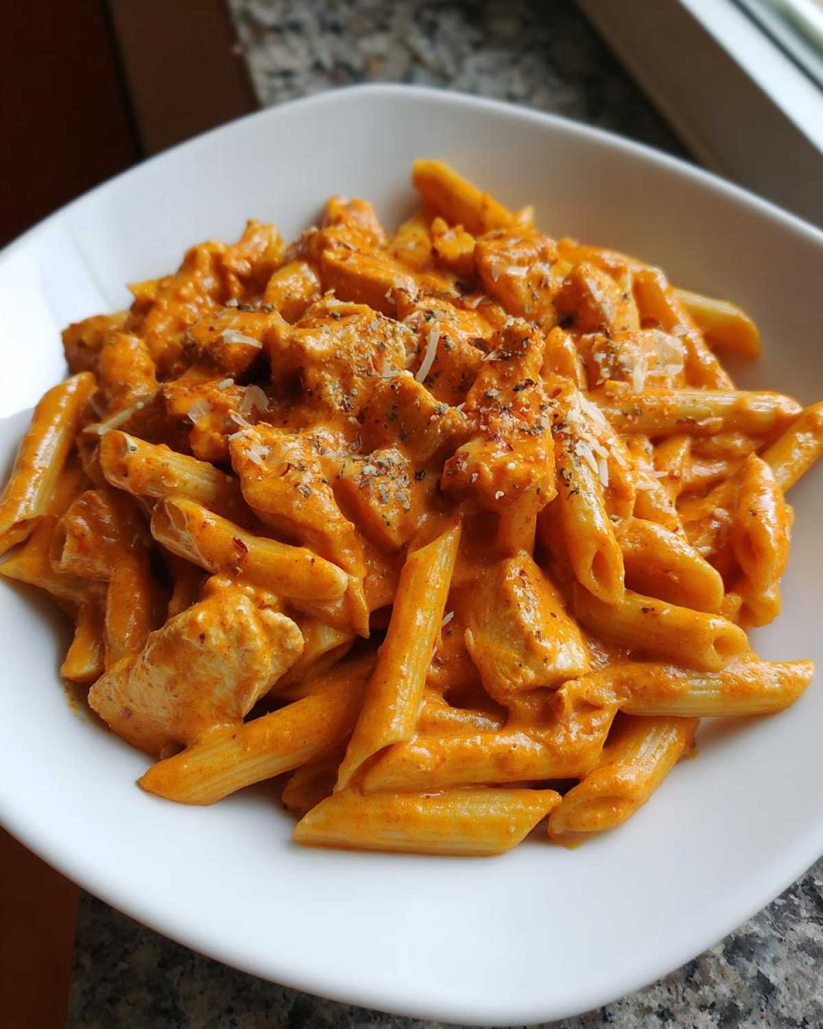 Close-up of a white bowl filled with Creamy Cajun Pasta with Chicken and Spice, topped with herbs.