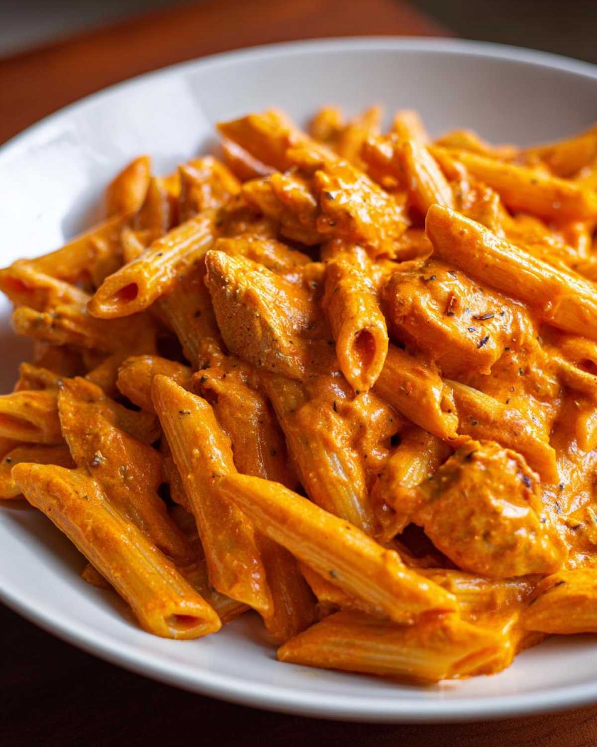 A close-up shot of penne pasta coated in a rich, orange-hued sauce with chunks of chicken, representing Creamy Cajun Pasta with Chicken and Spice.
