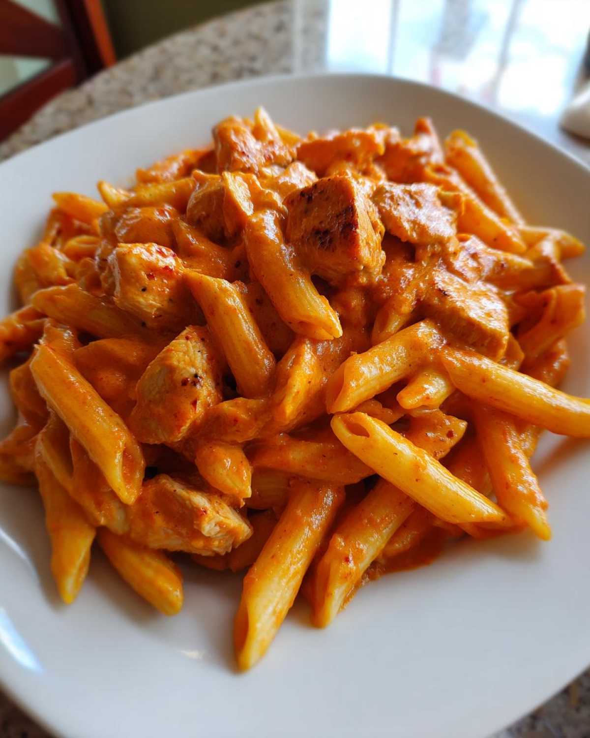 Close-up of penne pasta coated in a rich, orange-red sauce with chunks of seasoned chicken, representing Creamy Cajun Pasta with Chicken and Spice.