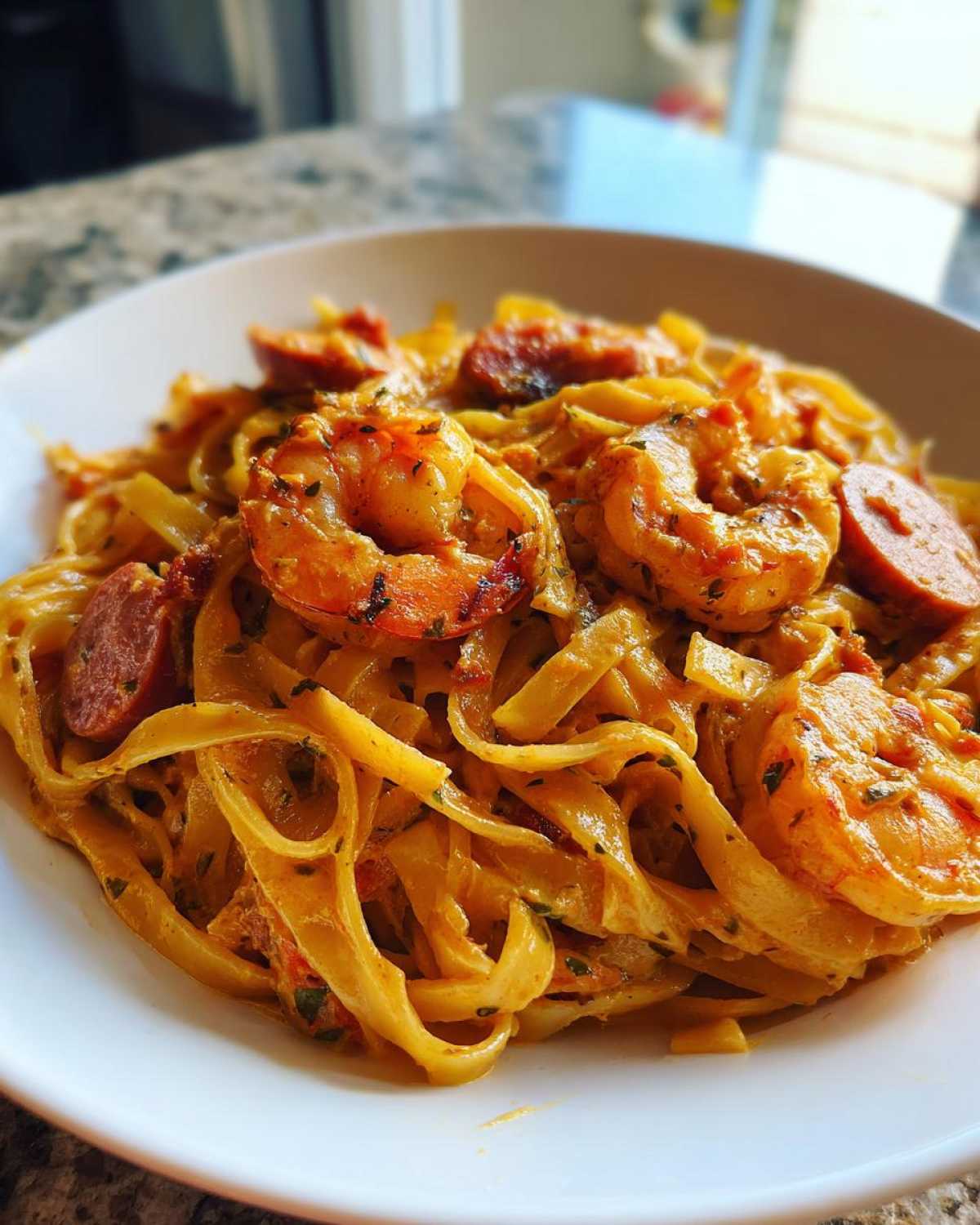 Close-up of creamy Cajun shrimp pasta featuring fettuccine, seasoned shrimp, and sliced sausage in a rich sauce.
