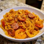 A close-up of Creamy Cajun Shrimp Pasta featuring fettuccine, large shrimp, and sliced andouille sausage in a rich sauce.