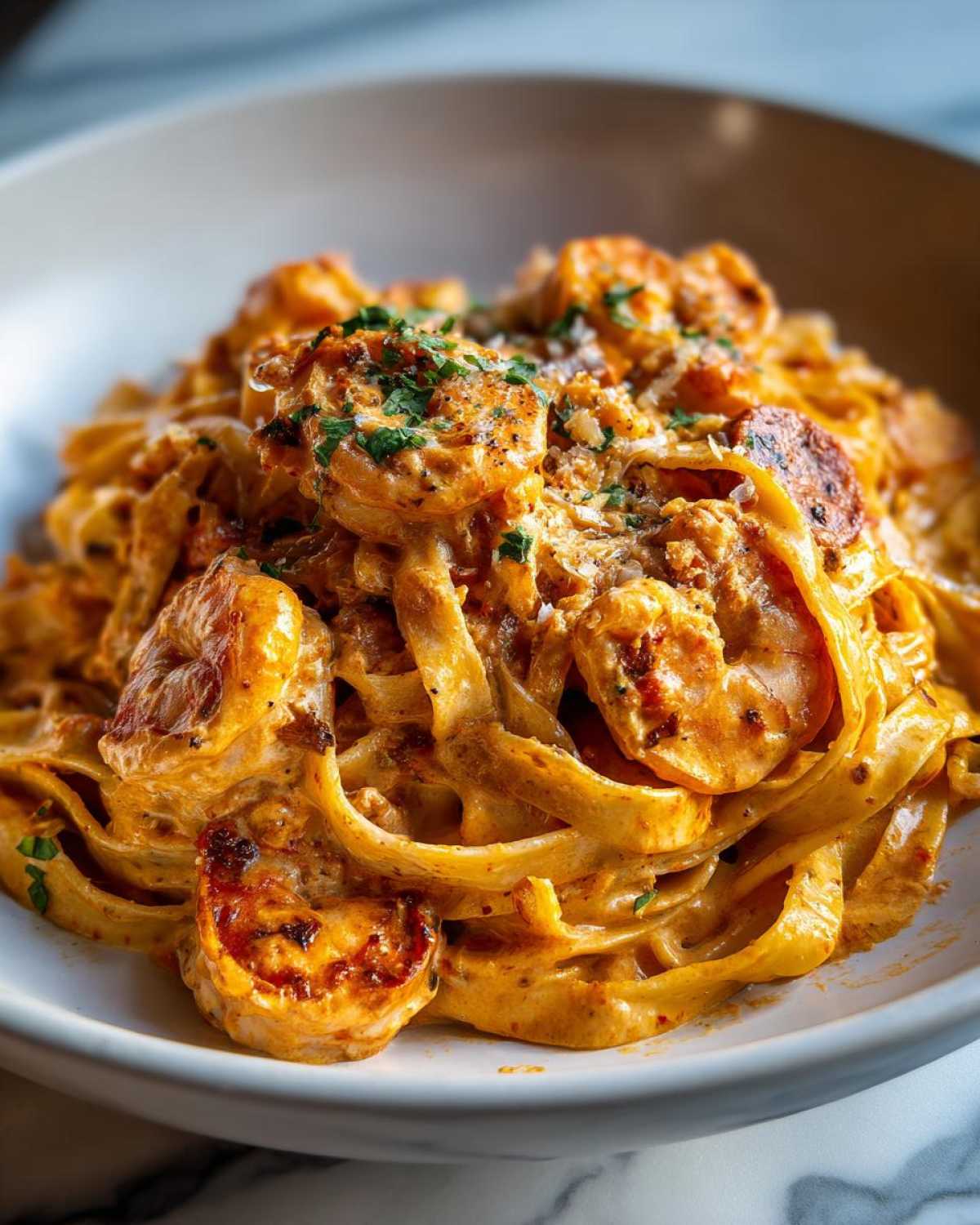 A close-up of a white bowl filled with rich, creamy Cajun shrimp pasta, garnished with parsley.