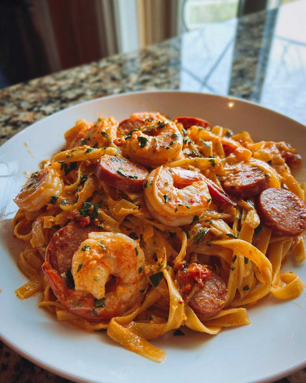 A close-up of a white plate filled with Creamy Cajun Shrimp Pasta Bold Flavor, featuring large shrimp and sliced andouille sausage.