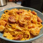 A close-up of a bowl filled with Creamy Cajun Shrimp Pasta featuring fettuccine, plump shrimp, and sliced smoked sausage.