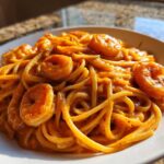 Close-up of Creamy Cajun Shrimp Pasta featuring linguine coated in a rich, bold orange sauce with seasoned shrimp.
