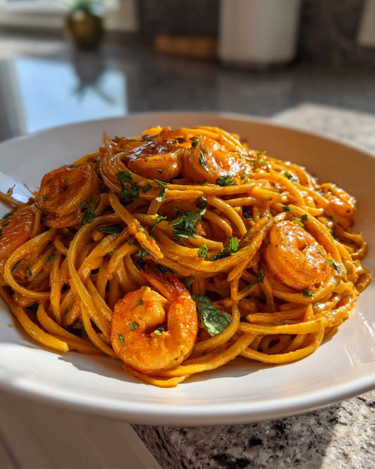 A close-up of a white bowl filled with Creamy Cajun Shrimp Pasta with Bold Sauce, topped with large seasoned shrimp and fresh herbs.