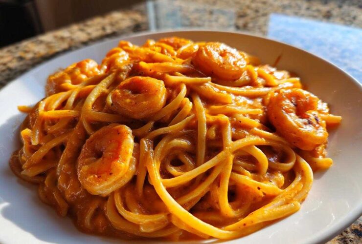 Close-up of Creamy Cajun Shrimp Pasta featuring linguine coated in a rich, bold orange sauce with seasoned shrimp.