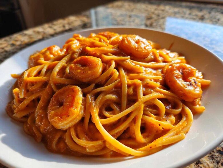 Close-up of Creamy Cajun Shrimp Pasta featuring linguine coated in a rich, bold orange sauce with seasoned shrimp.