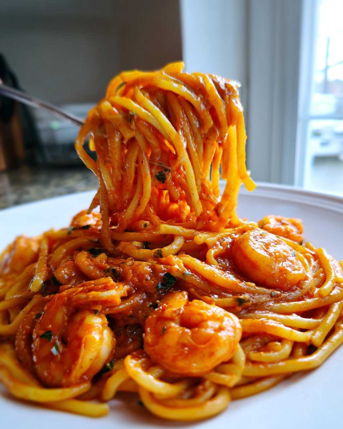 A fork lifting a generous portion of Creamy Cajun Shrimp Pasta coated in a bold, orange-red sauce with visible shrimp.