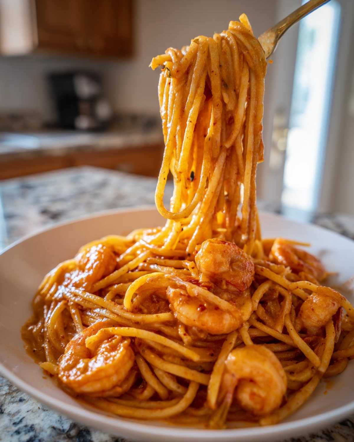 A fork lifts a large portion of spaghetti coated in a rich, orange-hued sauce, showcasing the Creamy Cajun Shrimp Pasta.
