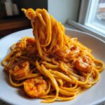 A fork lifts linguine coated in bold orange sauce and shrimp from a bowl of Creamy Cajun Shrimp Pasta.