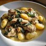 A close-up of tender chicken pieces and potato gnocchi swimming in a rich, creamy garlic sauce with wilted spinach.