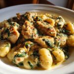 A close-up of a bowl filled with Creamy Chicken Gnocchi with Garlic Sauce, featuring tender chicken pieces and spinach.