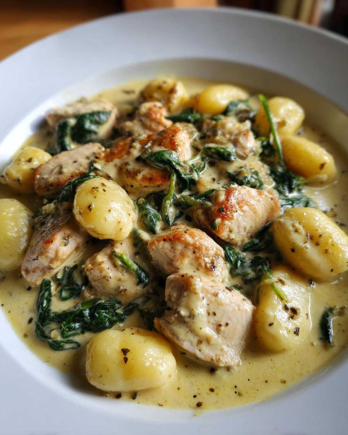 Close-up of a bowl of Creamy Chicken Gnocchi with Garlic Sauce, featuring tender chicken pieces and spinach.