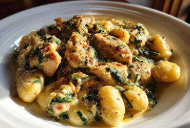 A close-up of a bowl filled with Creamy Chicken Gnocchi with Garlic Sauce, featuring tender chicken pieces and spinach.
