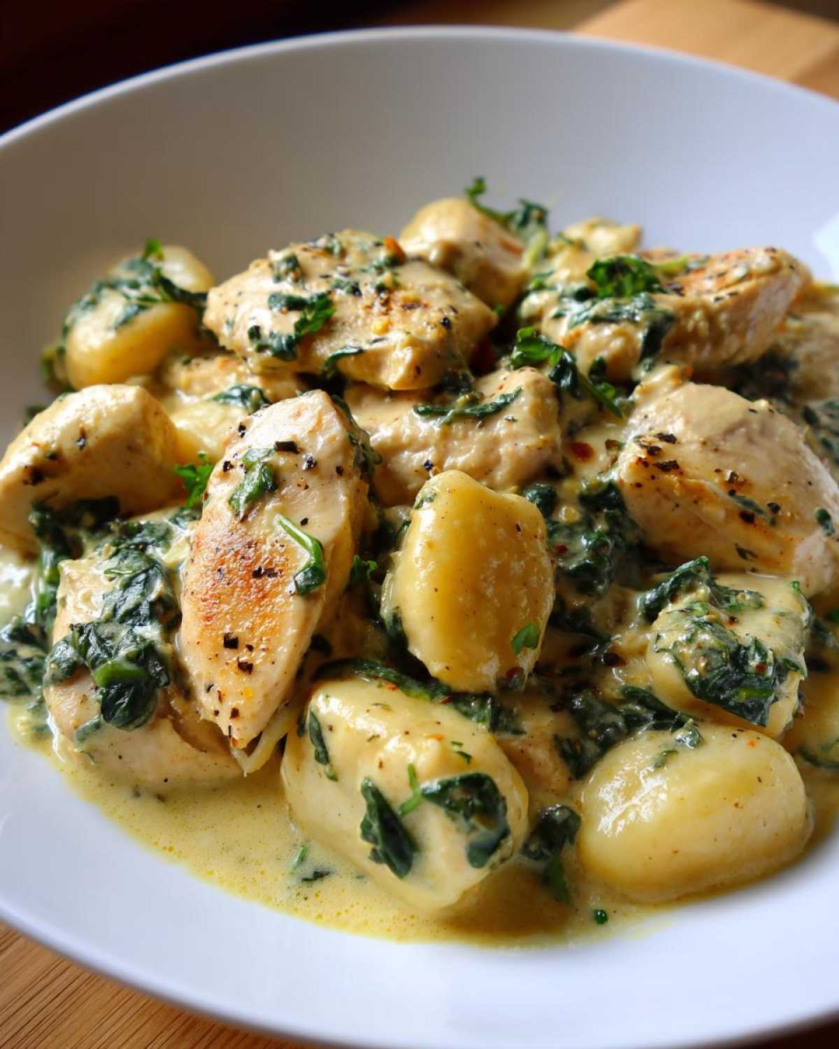 Close-up of tender chicken pieces and potato gnocchi coated in a rich, creamy garlic sauce with wilted spinach.