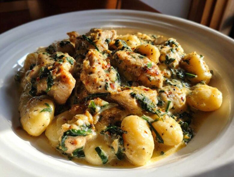 A close-up of a bowl filled with Creamy Chicken Gnocchi with Garlic Sauce, featuring tender chicken pieces and spinach.