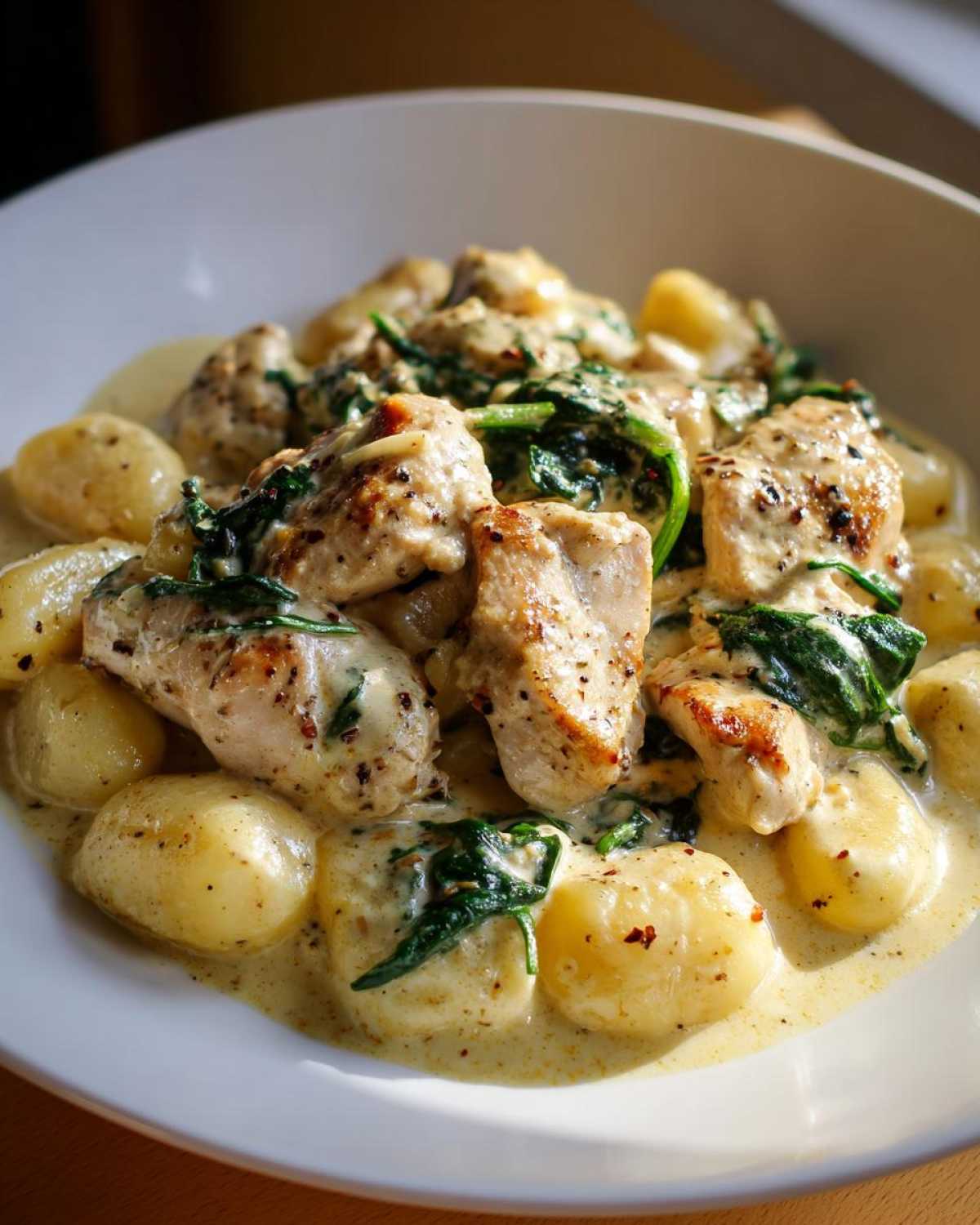 A close-up of tender chicken pieces and soft gnocchi coated in a rich, creamy garlic sauce with wilted spinach.