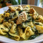 A close-up of a bowl of Creamy Chicken Tortellini with Spinach Sauce, topped with grated Parmesan cheese.