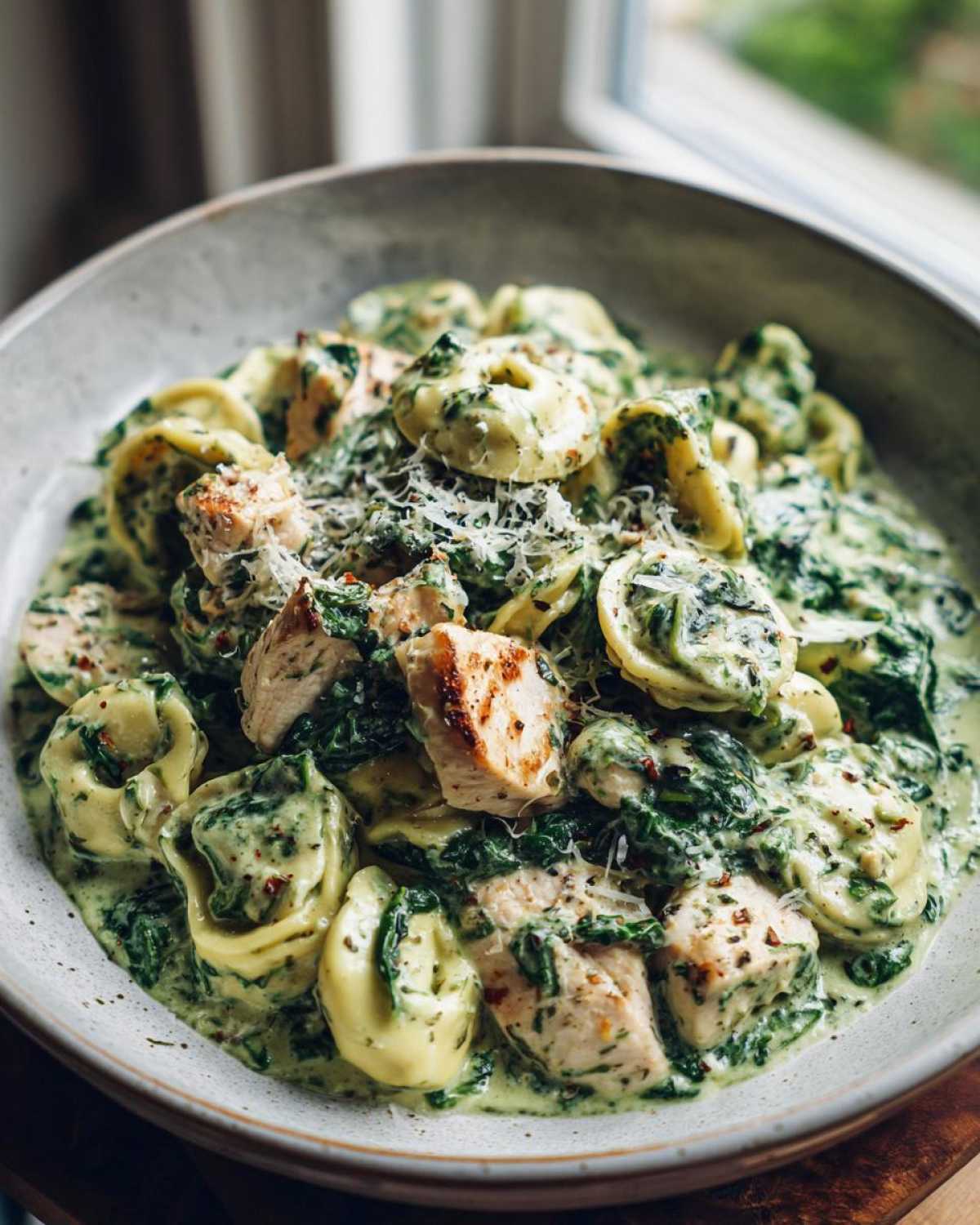 Close-up of a bowl filled with Creamy Chicken Tortellini with Spinach Sauce, topped with grated cheese.