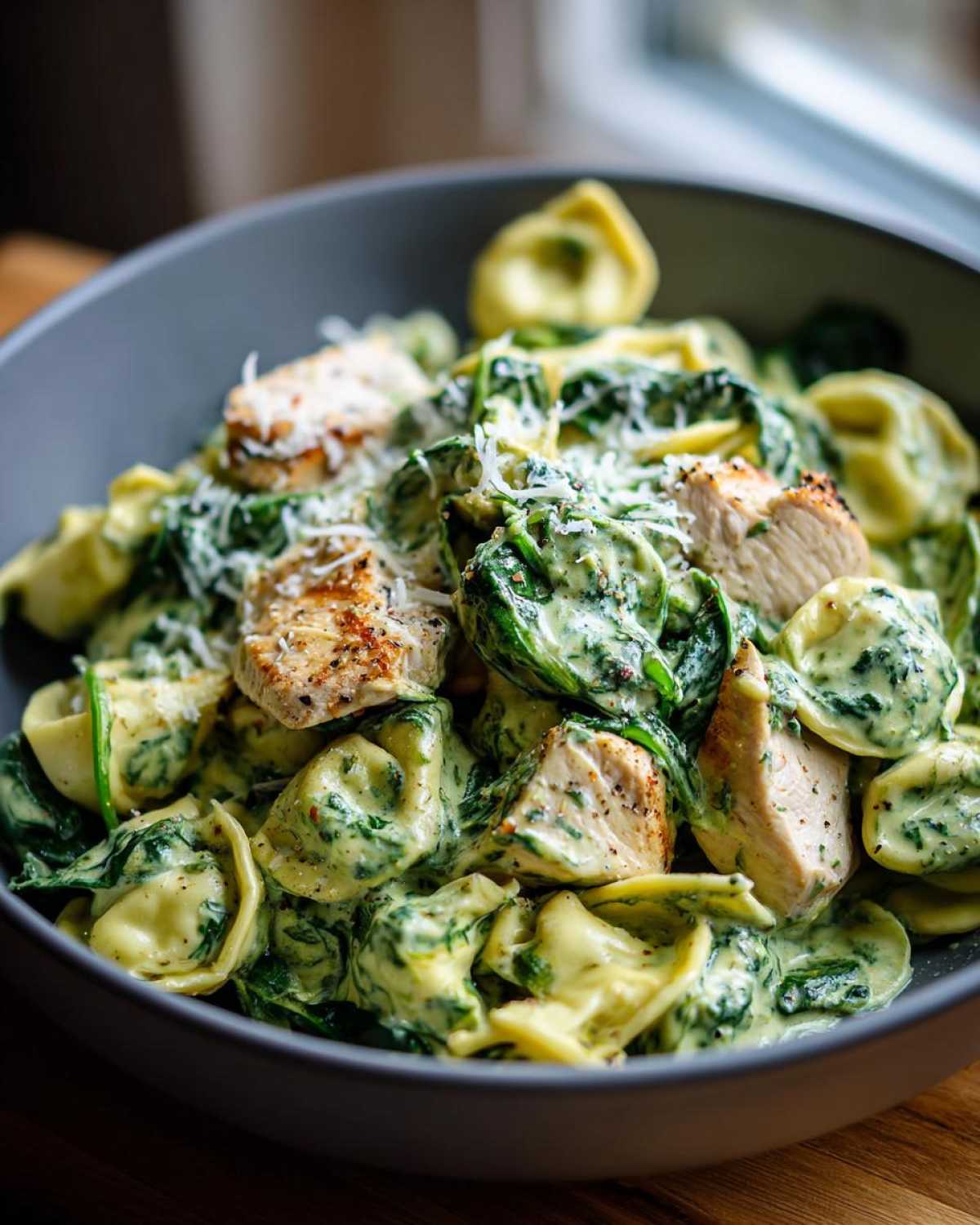 A close-up of a bowl of Creamy Chicken Tortellini with Spinach Sauce, topped with grilled chicken pieces and grated Parmesan.