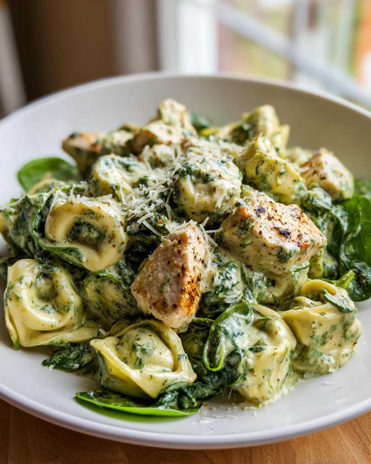 A bowl of Creamy Chicken Tortellini with Spinach Sauce, topped with grated Parmesan cheese.