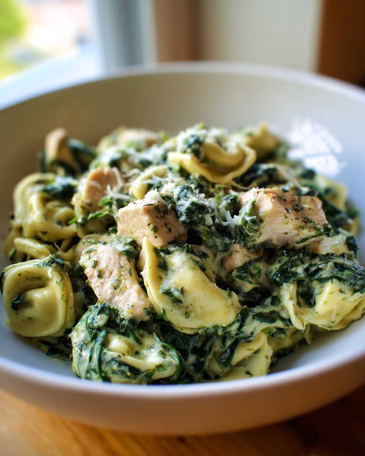 Close-up of a white bowl filled with Creamy Chicken Tortellini with Spinach Sauce, topped with grated cheese.