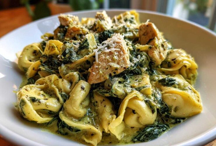 A close-up of a bowl of Creamy Chicken Tortellini with Spinach Sauce, topped with grated Parmesan cheese.