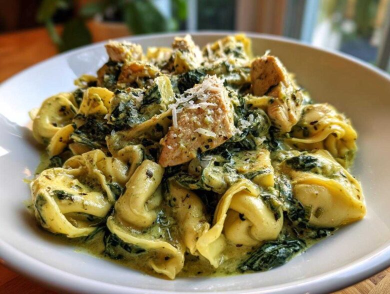 A close-up of a bowl of Creamy Chicken Tortellini with Spinach Sauce, topped with grated Parmesan cheese.
