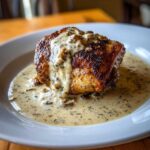 Close-up of a perfectly seared chicken thigh with crispy skin, smothered in a rich Creamy Garlic Chicken Thighs sauce.