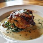 A perfectly cooked piece of Creamy Garlic Chicken Thighs with crispy skin resting in a pool of creamy garlic sauce with spinach.