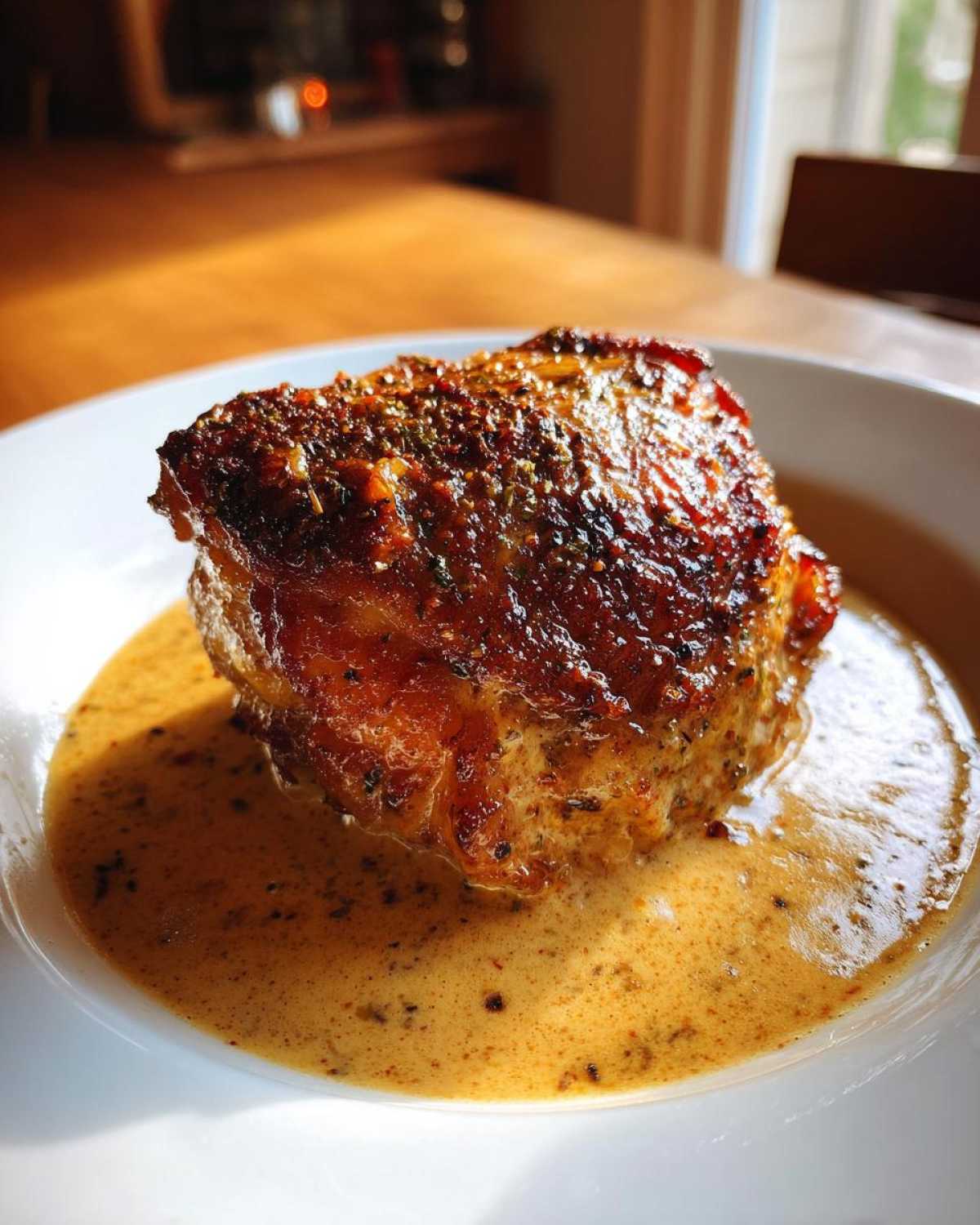 Close-up of a perfectly cooked Creamy Garlic Chicken Thighs with crispy, seasoned skin sitting in a rich, creamy sauce.